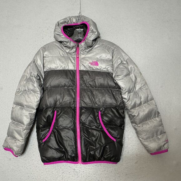 The North Face Puffer Jacket Girls Large Gray Black‎ Reversible 550 Down Fill - Picture 1 of 14